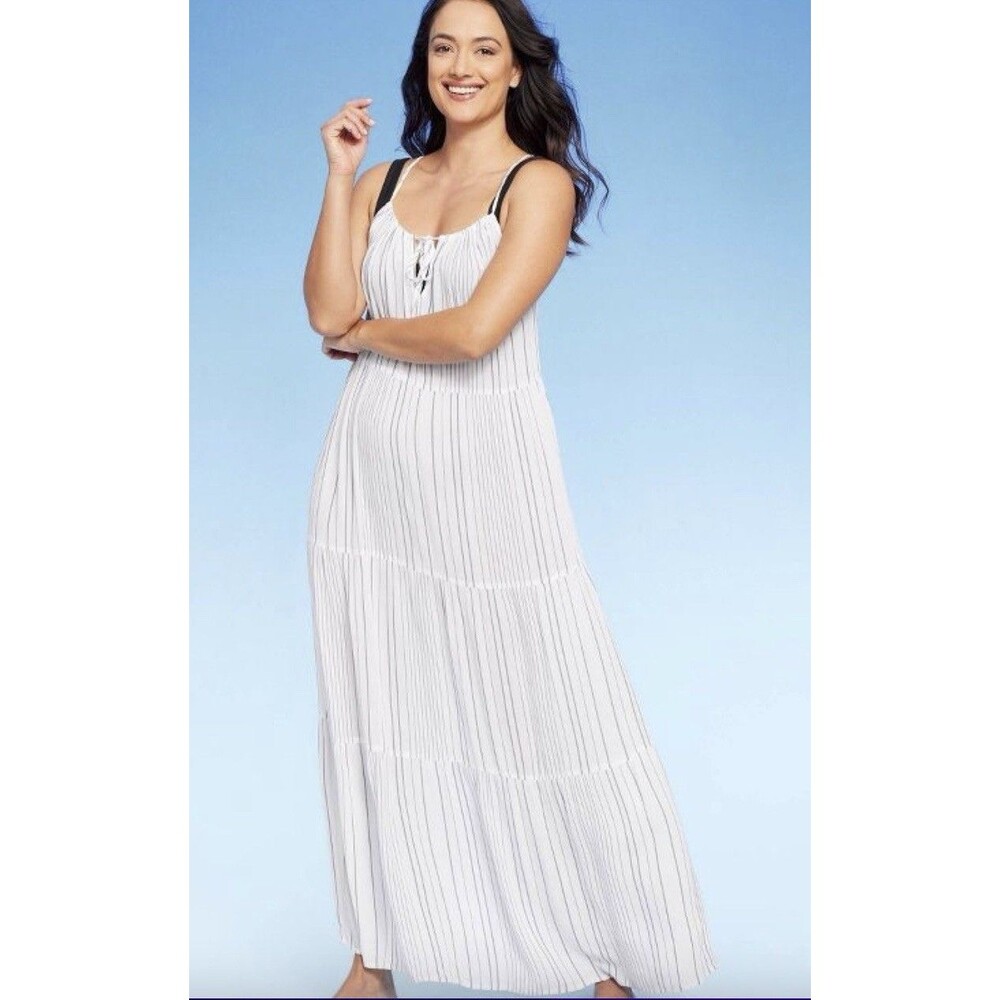 Kona Sol Swim Cover Up Dress XL Tiered White Grey Stripe Midi Maxi Gauzy Coastal